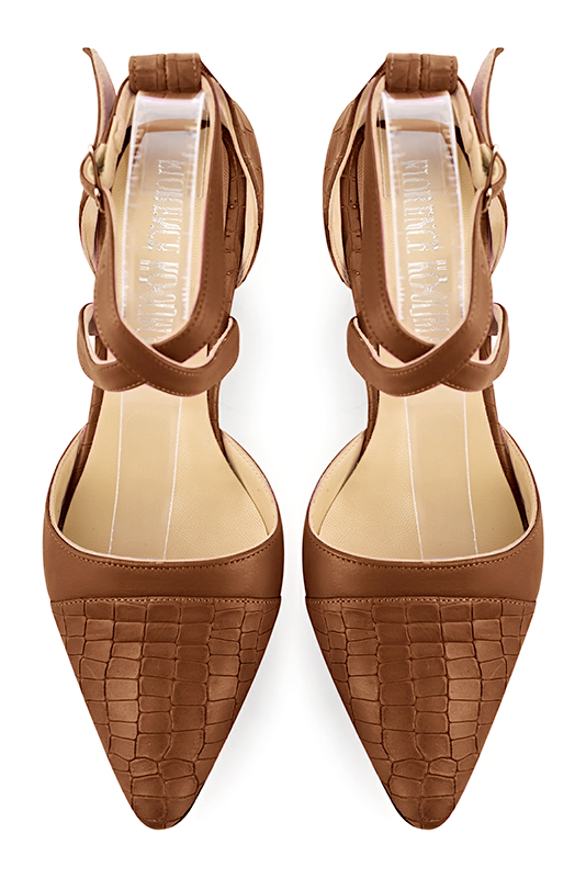 Caramel brown women's open side shoes, with crossed straps. Tapered toe. Low flare heels. Top view - Florence KOOIJMAN